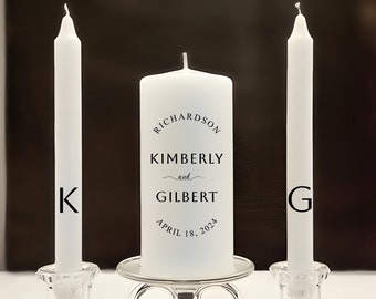 Minimal chic Wedding unity candle set, modern black and white personalized unity candle, curved  couple's last name unity candles set, bride