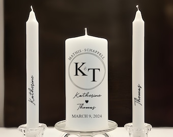 Modern elegant Wedding logo unity candle set, minimal black and white personalize unity candle, curved  couple's last name unity candles set