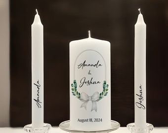 Ensemble de bougies d'unité de mariage élégant moderne feuille verte arc blanc, bougies de mariage vertes et blanches personnalisées, beau cadeau de mariage pour la mariée