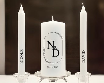 Modern Wedding logo unity candle set, minimalist black and white personalized unity candle, curved names and date in oval frame unity candle