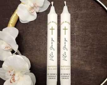 Personalized Baptism Candle Set: Gold Cross Christening Keepsake