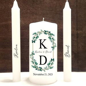 Personalized Eucalyptus Wedding Unity Candle Set: Greenery & Gold Frame