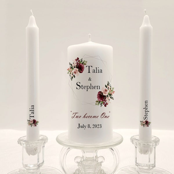 Personalize wedding unity candle set, burgundy blush pink and white flower on silver frame wedding unity candle, two become one unity candle