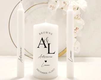 Modern custom wedding logo unity candle set, minimal black and white personalized unity candle, curved last name and date candle, bride gift