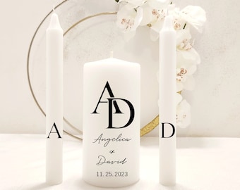 Modern initials wedding logo unity candle set, minimalist trendy custom black white unity candles, chic unity candle gift for bridal shower