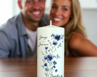 Personalized Wedding Candle: Blue Floral Engagement Candle Keepsake