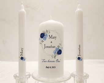 Personalized navy blue wedding unity candle set,  light blue white flowers on silver frame wedding unity candle, two become one unity candle