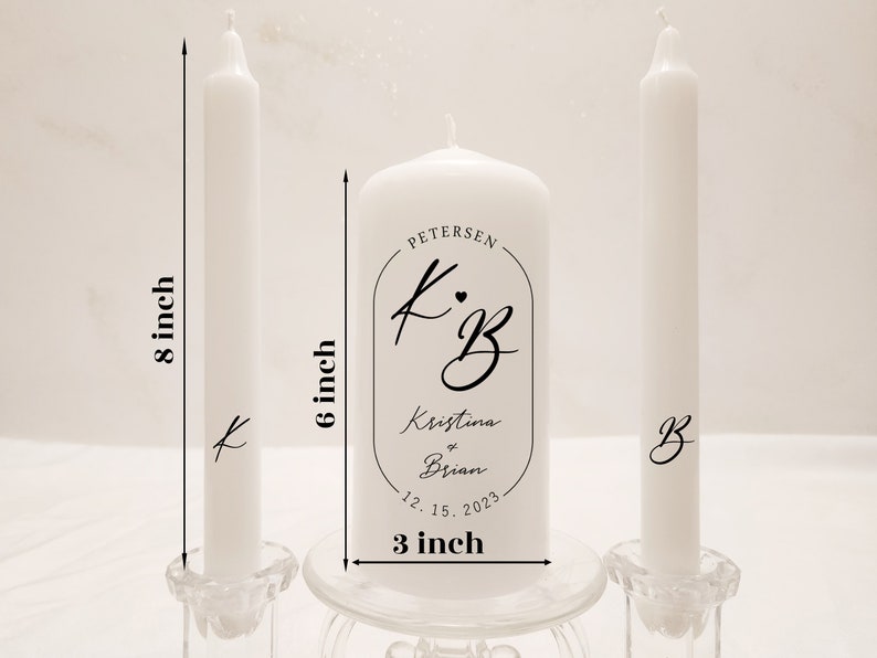 Minimal Wedding logo unity candle set, modern font black and white personalized unity candle, curved last name and date in oval frame candle image 10