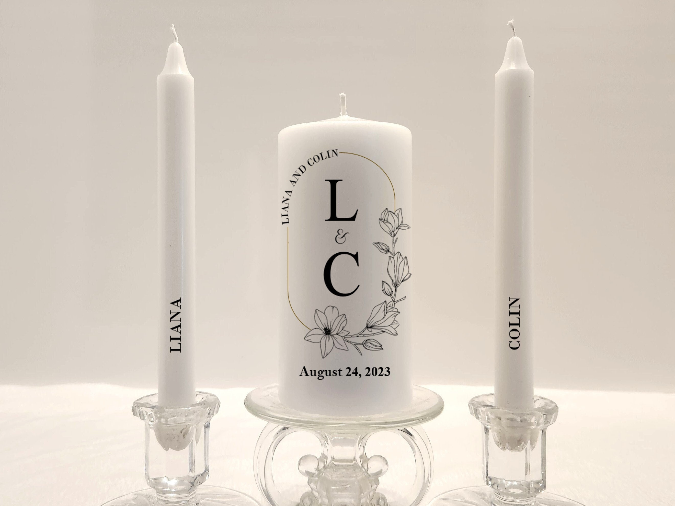 Wedding Unity Candle Set, Minimal Black and White With Initials and