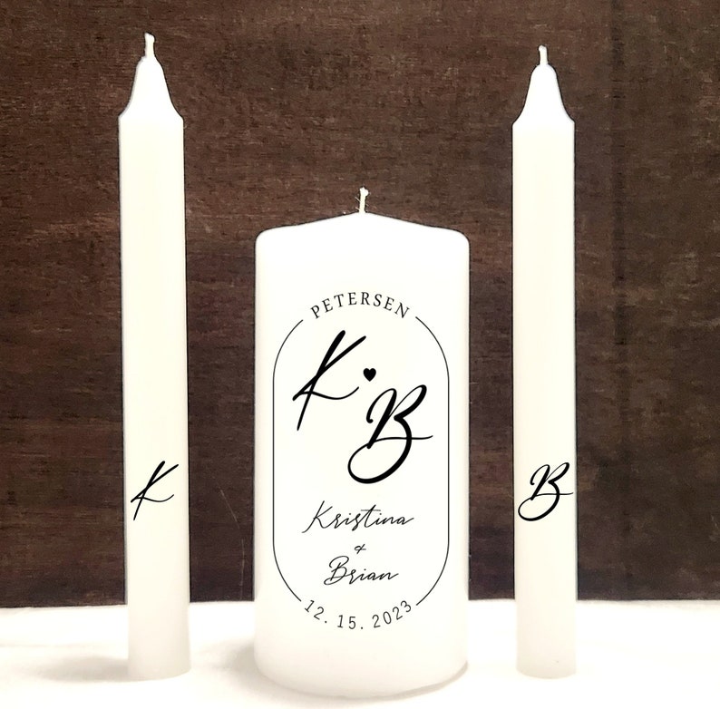 Minimal Wedding logo unity candle set, modern font black and white personalized unity candle, curved last name and date in oval frame candle image 7