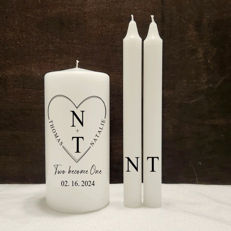 Minimal heart wedding unity candle set, modern black and white custom unity candles, curved name in heart frame unity candle, two become one image 8