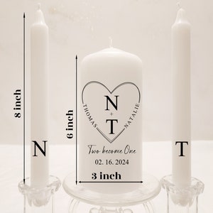 Minimal heart wedding unity candle set, modern black and white custom unity candles, curved name in heart frame unity candle, two become one image 9