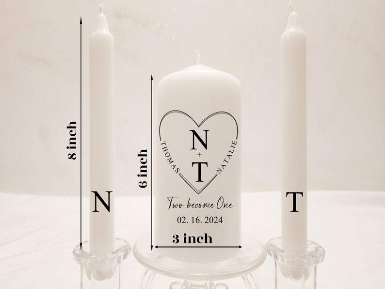 Minimal heart wedding unity candle set, modern black and white custom unity candles, curved name in heart frame unity candle, two become one image 9