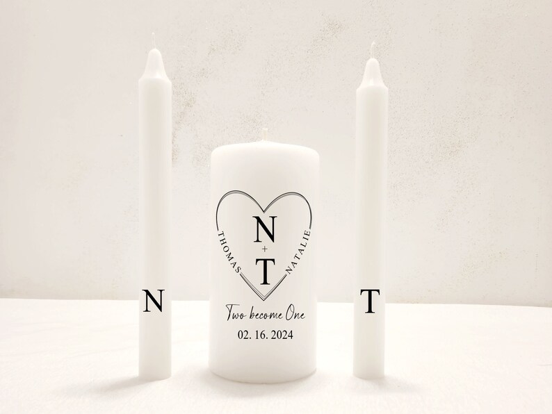 minimal heart wedding unity candle set, black and white trendy unity candle set, personalized wedding candles, two become one verse