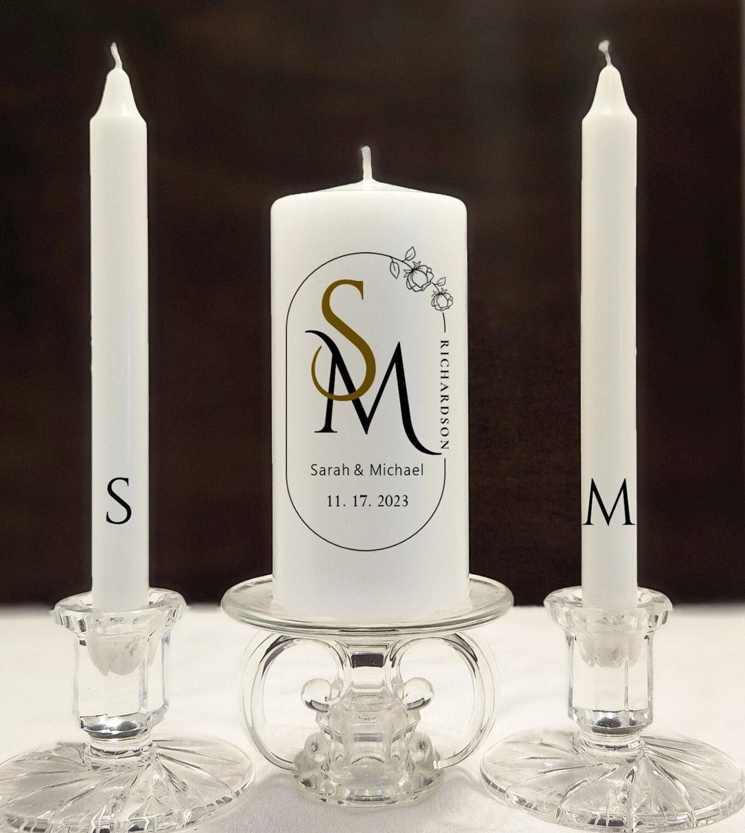 Modern Wedding Logo Unity Candle Set, Minimal Floral Personalized With ...