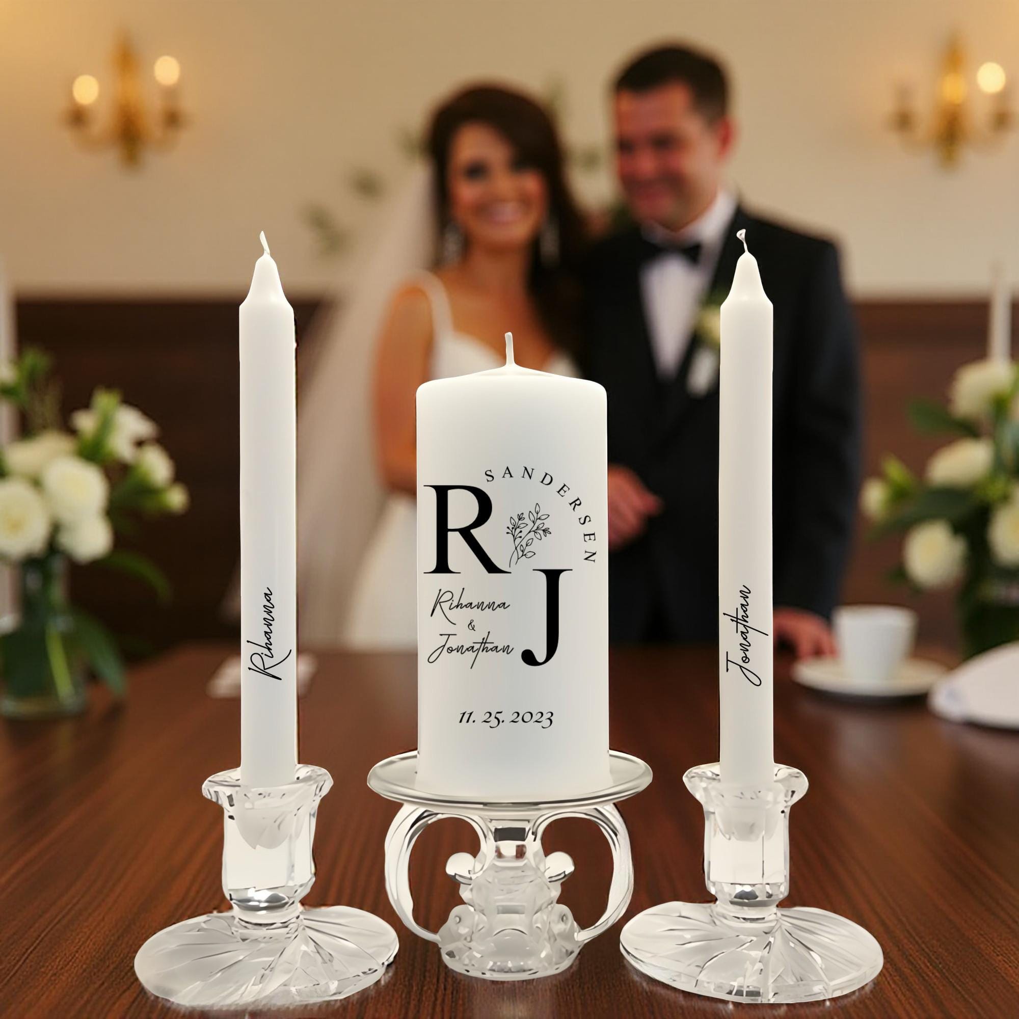 Ensemble de bougies de mariage personnalisées modernes Unity : élégant minimaliste noir et blanc