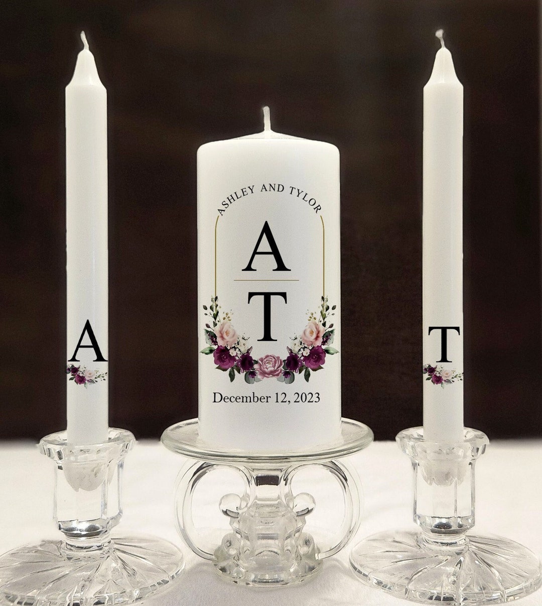Floral Monogram Wedding Unity Candle Set: Pink Rose & Lilac, Custom ...