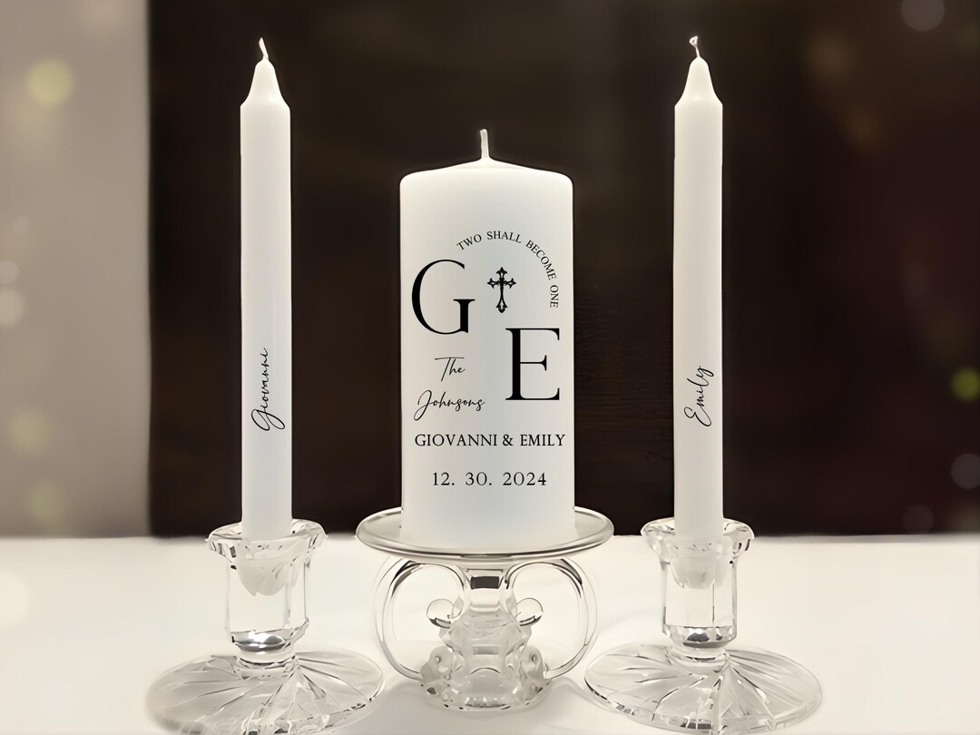 Modern Cross Wedding Monogram Unity Candle Set, Minimal Bible Verse ...