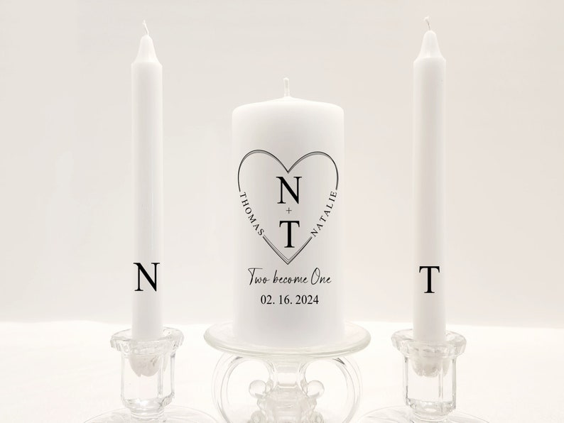 Minimal heart wedding unity candle set, modern black and white custom unity candles, curved name in heart frame unity candle, two become one image 5