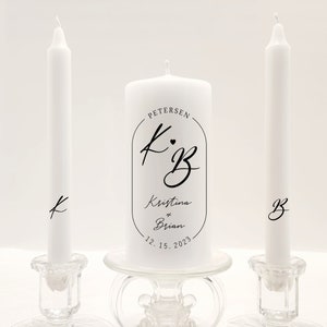 Minimal Wedding logo unity candle set, modern font black and white personalized unity candle, curved last name and date in oval frame candle image 3
