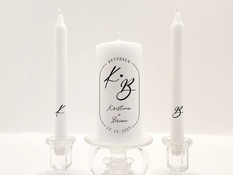 Minimal Wedding logo unity candle set, modern font black and white personalized unity candle, curved last name and date in oval frame candle image 3