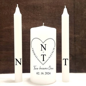 Minimal heart wedding unity candle set, modern black and white custom unity candles, curved name in heart frame unity candle, two become one image 4