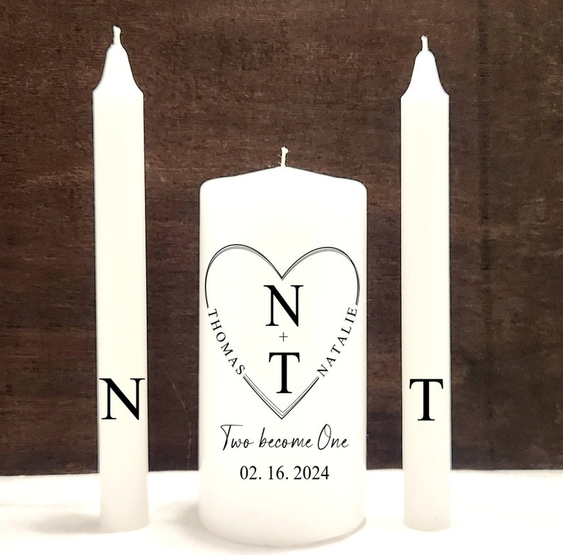 Minimal heart wedding unity candle set, modern black and white custom unity candles, curved name in heart frame unity candle, two become one image 4