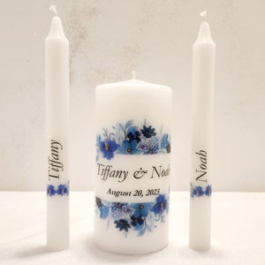 Blue purple  floral unity candle set for wedding, personalized wedding unity candle set, custom unity candle set, personalized ritual candle