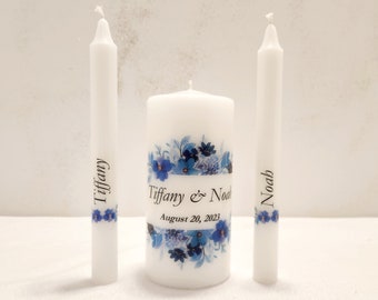 Blue purple  floral unity candle set for wedding, personalized wedding unity candle set, custom unity candle set, personalized ritual candle