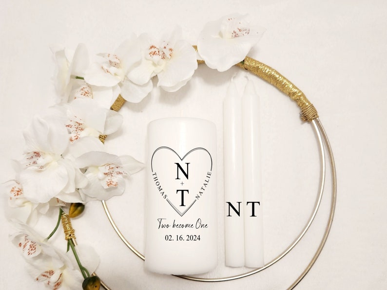 Minimal heart wedding unity candle set, modern black and white custom unity candles, curved name in heart frame unity candle, two become one image 6