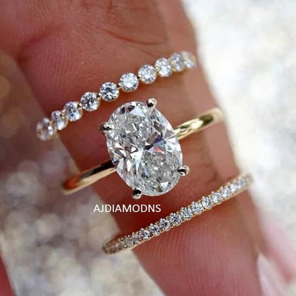 2 CT Oval Cut Colorless Moissanite Engagement Ring Set, 14k Gold Wedding Ring Set, Hidden Halo Ring Set, Bridal Ring Set, Anniversary Gifts