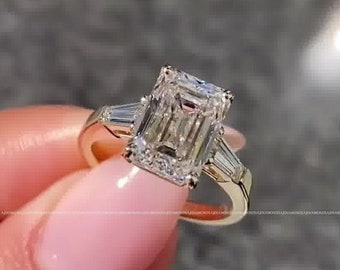 Emerald Cut Three Stone Ring, 3.00 CT Emerald Cut Colorless Moissanite Engagement Ring, Side Tapered Baguette Cut, Proposal Anniversary Gift