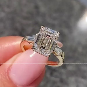 Emerald Cut Three Stone Ring, 3.00 CT Emerald Cut Colorless Moissanite Engagement Ring, Side Tapered Baguette Cut, Proposal Anniversary Gift