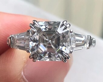 14k Solid White Gold Moissanite Anniversary Gift Ring/ 3 Ct Asscher Cut Colorless Moissanite Engagement Ring/Moissanite Wedding Ring