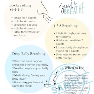 Breathing Exercise Guide Printable: Box, 4-7-8 and Deep Belly Breathing ...