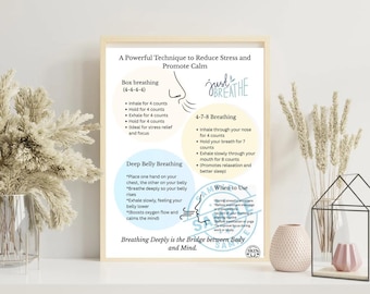 May include: A framed poster with a beige border, featuring text and illustrations about breathing techniques. The poster includes instructions for box breathing, 4-7-8 breathing, and deep belly breathing, with the words "just breathe" in cursive.
