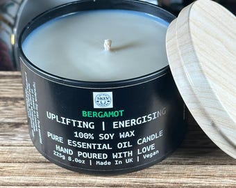 Bergamot Essential Oil Soy Candle: Aromatherapy, Uplifting Scent (50h Burn)
