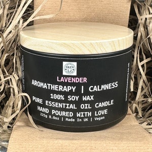 Toxin-free 8oz  Lavender Essential Oil Soy Candle Aromatherapy (approx 50h burn time). De-stress, happiness, focus, feel good.