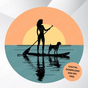 Perro de SUP PNG, practicante de paddle surf, perro de paddle surf, imagen de tabla de stand up paddle, imagen de camiseta de paddle surf, tabla de paddle surf PNG, imagen de silueta