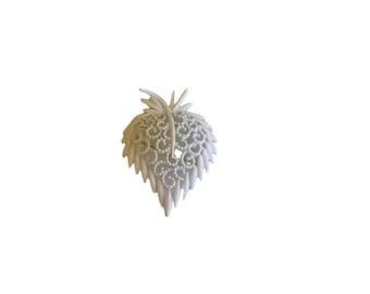 Vintage 1970's Monet White Enamel Filigree Lacy Heart Strawberry Brooch Pin