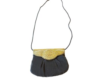 Vintage Black Evening Clutch With Gold Beaded Detail & Magnetic Snap Closure