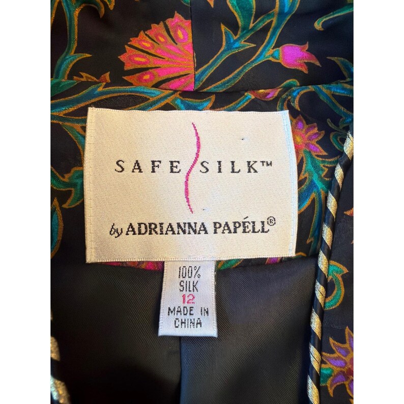 Adrianna Papell Blazer Black Silk Floral Paisley Safe Silk Gold Trim Size 12 image 2
