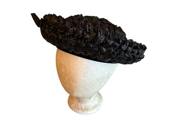 Vintage 60\'s Retro‎ Black Woven Straw Hat Bow Detail Original Box Vintage 1960s Womens Black Woven Straw Wide Brim Hat With  main image 2