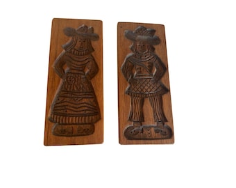 Vintage Hand-Carved Wooden Butter Molds With Folk Art Figures