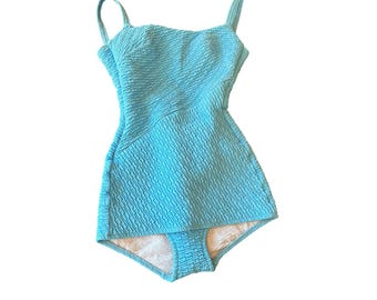 Robby Len Swimsuit Blue Popcorn Texture One Piece Shape-Lee Vintage Retro ILGWU