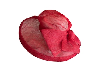 Straw Hat Red Sinamay Wide Brim Fascinator Oversized Bow Derby Style