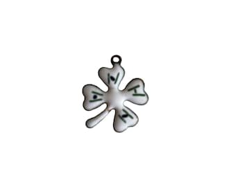4-H Four-Leaf Clover Enamel Pendant Double-Sided Lucky Charm White & Bronze