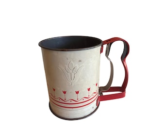 Androck Flour Sifter Cream Red Hand-i-Sift Jr Vintage Tulip Pattern Made in USA