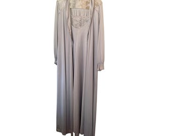 Vintage Nightgown Robe Set Silver Blue Lace Trim Maxi Peignoir Sleepwear XL