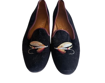 Stubbs & Wootton Slippers Black Velvet Fly Fishing Lure Smoking Loafers Mens 7